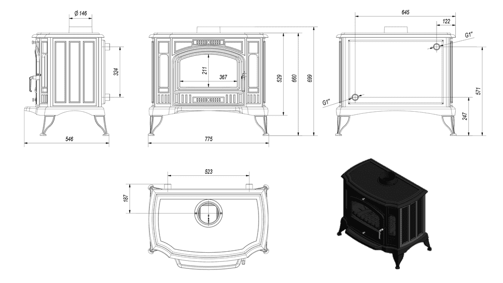 Gußeisen Kaminofen K9 Ø 150 10 kW