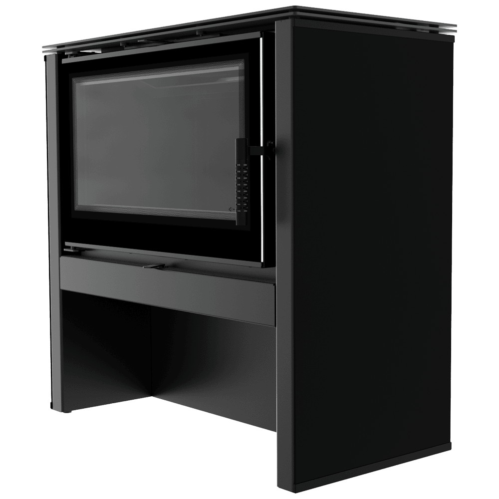 Kaminofen aus Stahl JUNO 12 kW Ø 160 schwarzes Paneel schwarz Verkleidung
