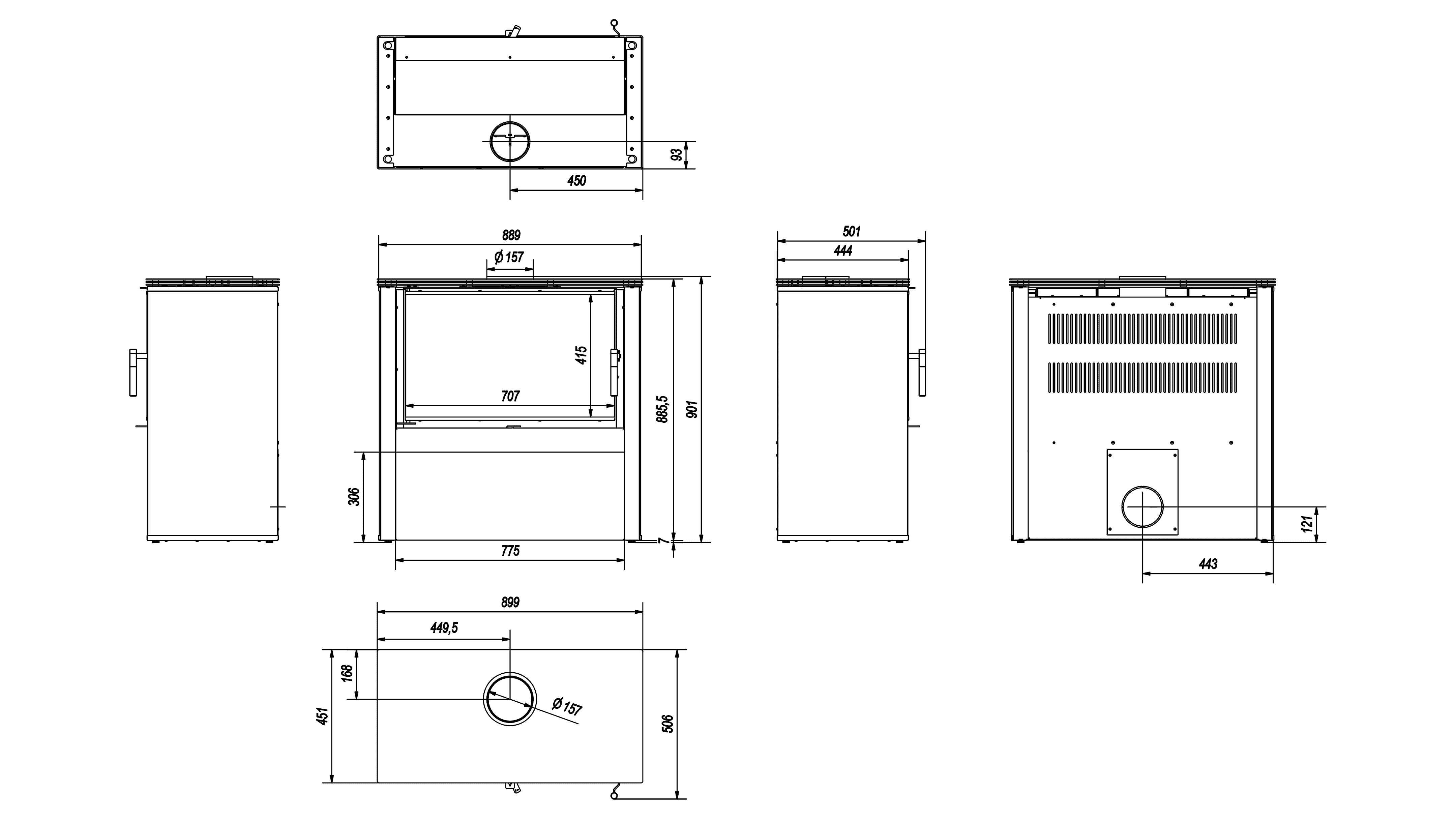 Kaminofen aus Stahl JUNO 12 kW Ø 160 schwarzes Paneel schwarz Verkleidung