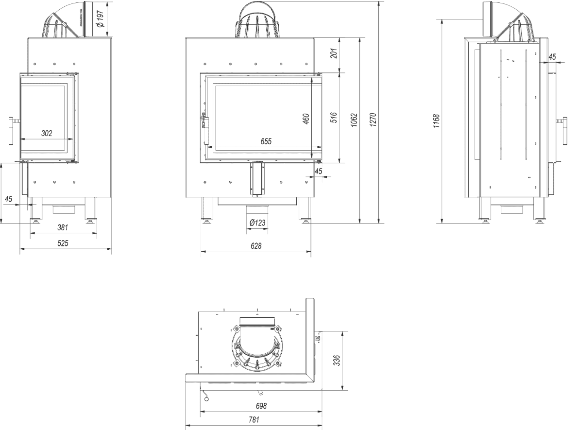 Intelligenter Kamineinsatz aus Stahl LUCY rechts 12 kW Ø 200 MSK