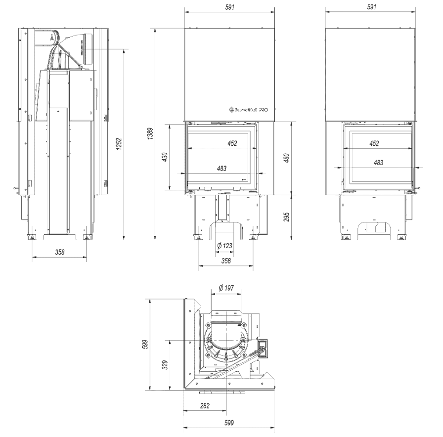 Kamineinsatz aus Stahl VNL 480/480 8 kW Ø 200 mit Schiebetür