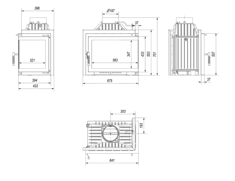 Kamineinsatz Gusseisen SIMPLE rechts 8 kW Ø 180