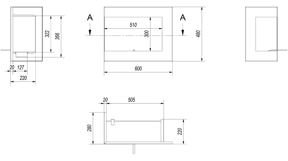 Wandkamin Bioethanol DELTA TÜV rechts Deko Steine Set