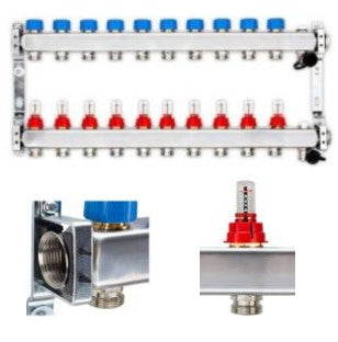 Edelstahlverteiler für FBH mit 10 Heizkreisen