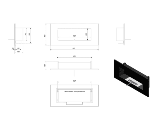 Wandkamin Bioethanol DELTA 2 TÜV schwarz mit Verglasung