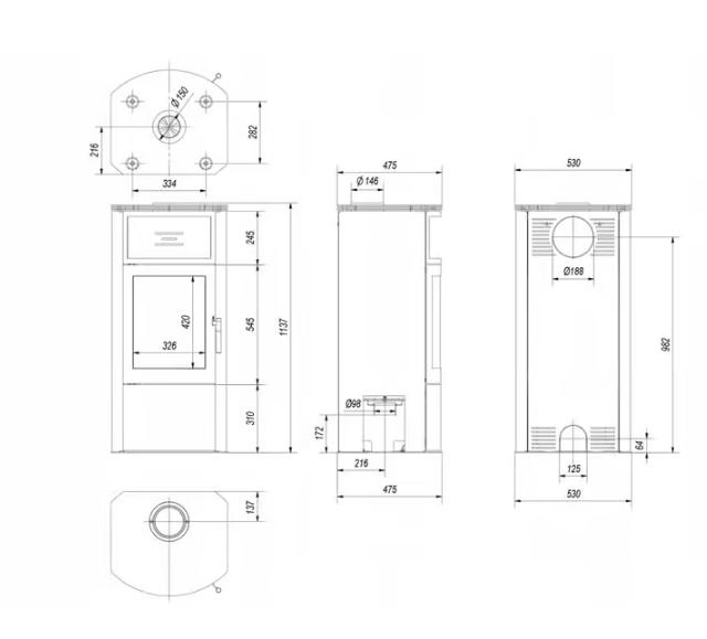 Kaminofen aus stahl TITAN Ø 150 11 kW mit Türfeder