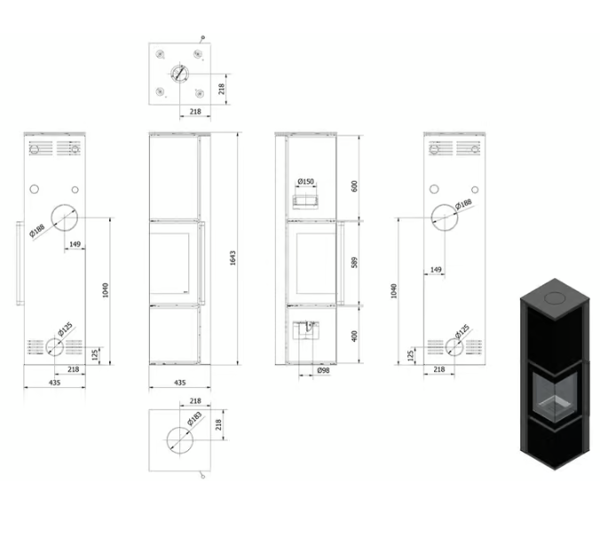 Kaminofen aus Stahl TORA/L 8 kW Ø 150 Weißes Glaspaneel