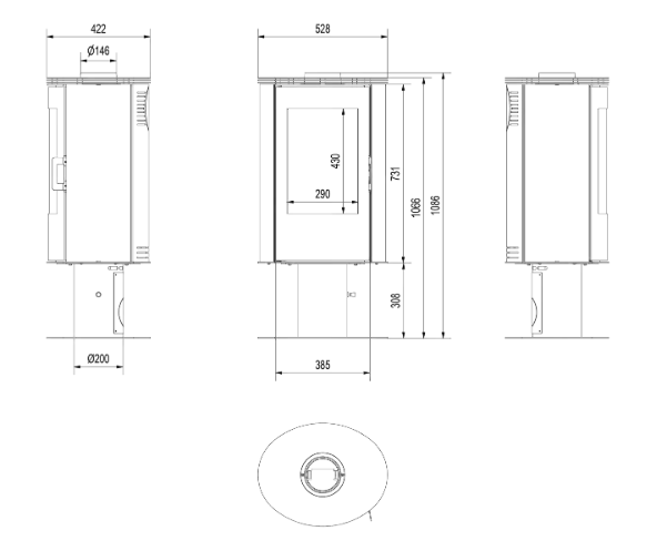 Kaminofen aus Stahl AB S/N/DR mit Standfuss Ø 150 8 kW mit Türfeder