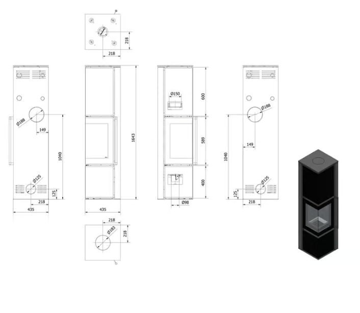 Kaminofen aus Stahl TORA/L 8 kW Ø 150 Weißes Glaspaneel