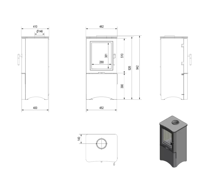 Kaminofen aus Stahl K5 Ø 150 7 kW regal für holz mit Tür schwarz Verkleidung