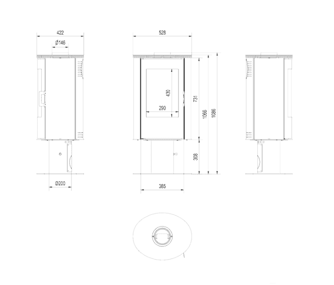 Kachelofen aus stahl AB S/N/DR mit Standfuss Ø 150 8 kW creme Kachel