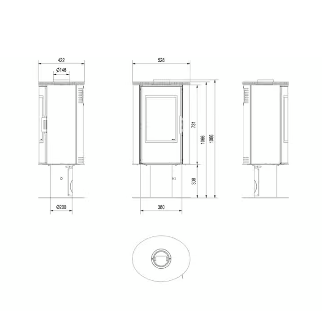 Kaminofen aus Stahl AB S/N/DR/GLASS mit Standfuss Ø 150 8 kW mit Türfeder