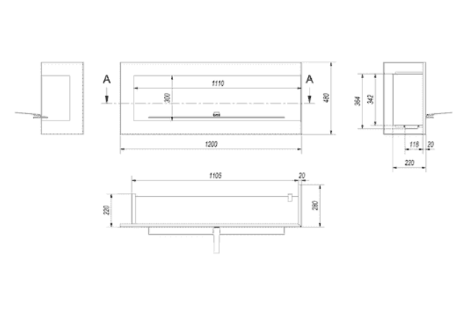 Wandkamin Bioethanol Eckkaminl DELTA rechts 120 cm TÜV