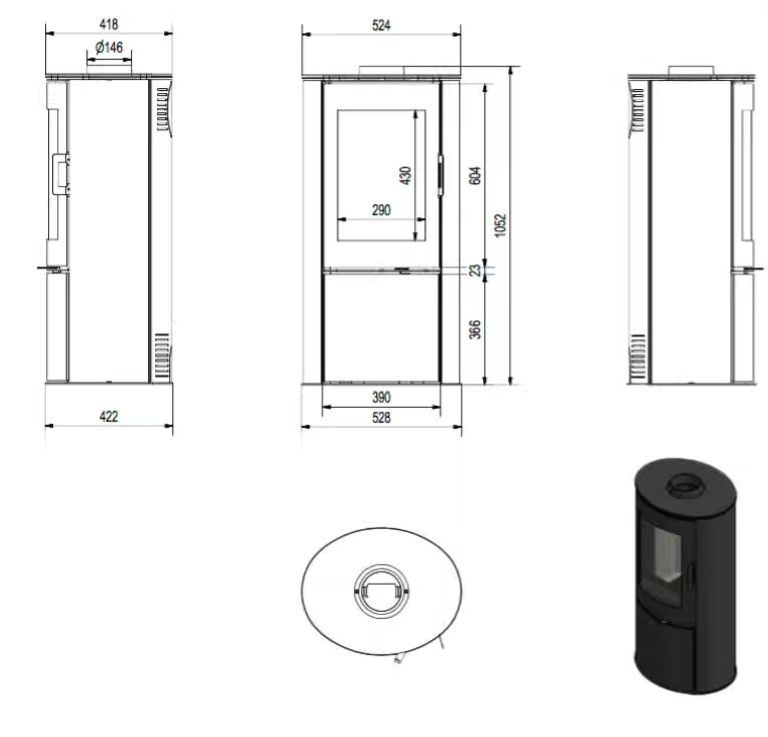 Kaminofen aus Stahl AB S/DR Ø 150 5,5 kW mit Zubehör