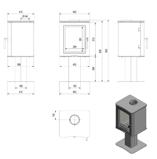 Kaminofen aus Stahl säulenfuß K5 Ø 150 7 kW