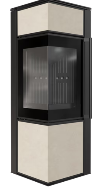 Kaminofen aus Stahl TORA/M 8 kW Ø 150 Quarzsinter FOKOS SALE schwarz Verkleidung
