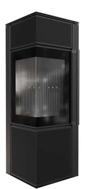 Kaminofen aus Stahl TORA/M 8 kW Ø 150 Quarzsinter NATURALI PIETRA DI SAVOIA ANTRANCITE BOCCIARDATA schwarz Verkleidung mit Türfeder