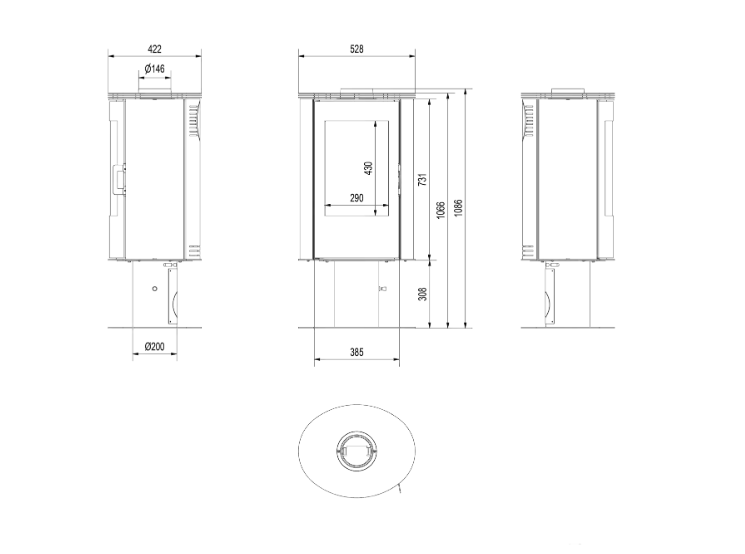 Kaminofen aus Stahl AB S/N/DR/GLASS mit Standfuss Ø 150 8 kW