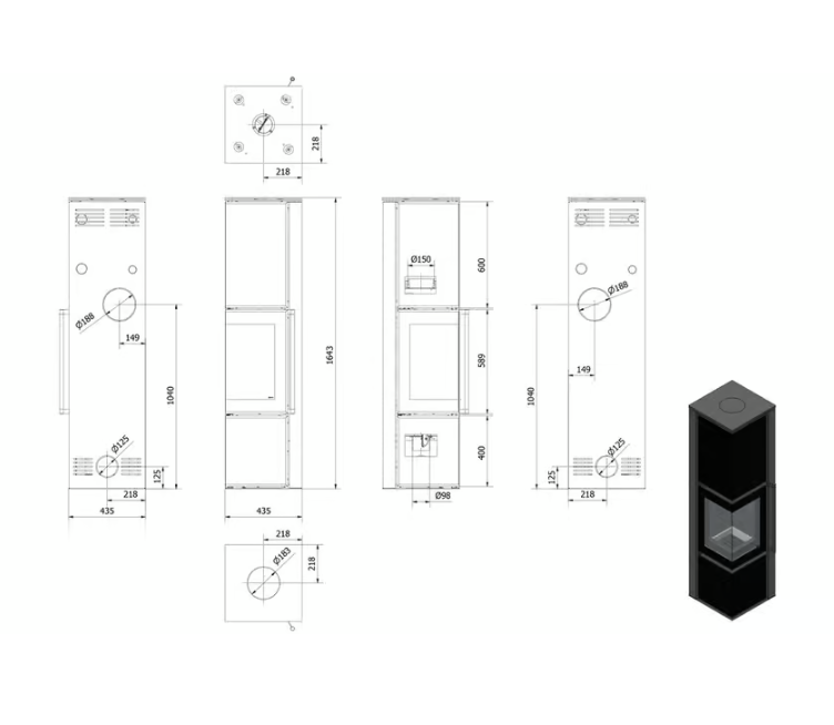 Kaminofen aus Stahl TORA/S 8 kW Ø 150 Quarzsinter Nero Assoluto