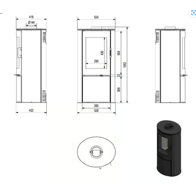 Kaminofen aus Stahl AB S/DR Ø 150 5,5 kW mit Zubehör