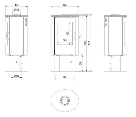 Kaminofen aus Stahl AB S/N/DR mit Standfuss Ø 150 8 kW mit Türfeder