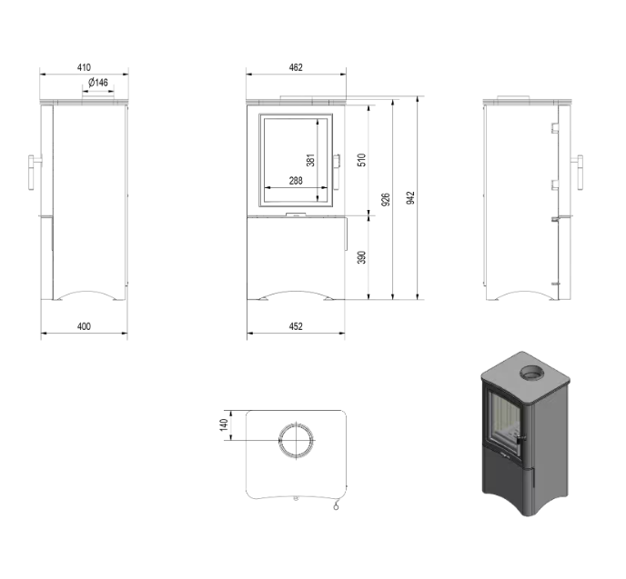 Kaminofen aus Stahl K5 Ø 150 7 kW regal für holz mit Tür