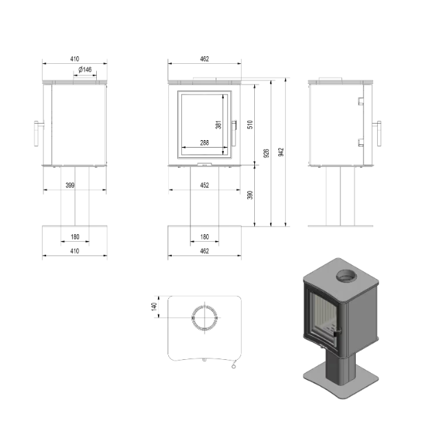 Kaminofen aus Stahl säulenfuß K5 Ø 150 7 kW