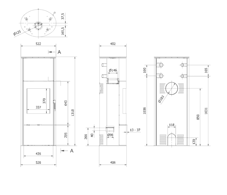 Kaminofen aus stahl ROLLO Hoch Ø 150 7 kW schwarz Verkleidung