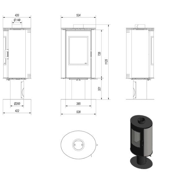 Kachelofen aus stahl drehbar AB S/N/O/DR/GLASS Ø 150 8 kW schwarze Kachel