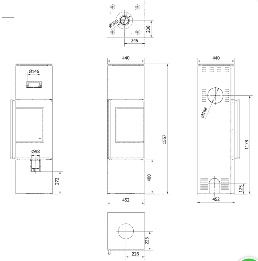 Kaminofen aus Stahl REN/M rechts Ø 150 7 kW schwarz Verkleidung