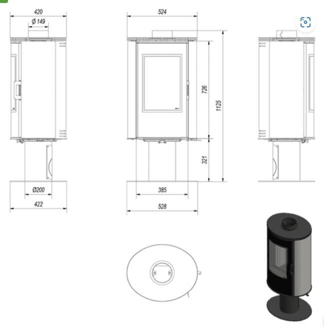 Kachelofen drehbar AB S/N/O/DR/GLASS Ø 150 8 kW schwarz Kachel mit Türfeder