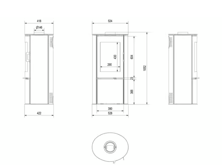 Kachelofen aus Stahl AB S/DR Ø 150 8 kW weiss Kachel mit Türfeder