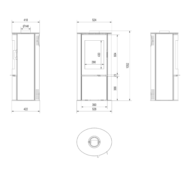 Kachelofen aus Stahl AB S/DR Ø 150 8 kW weiss Kachel