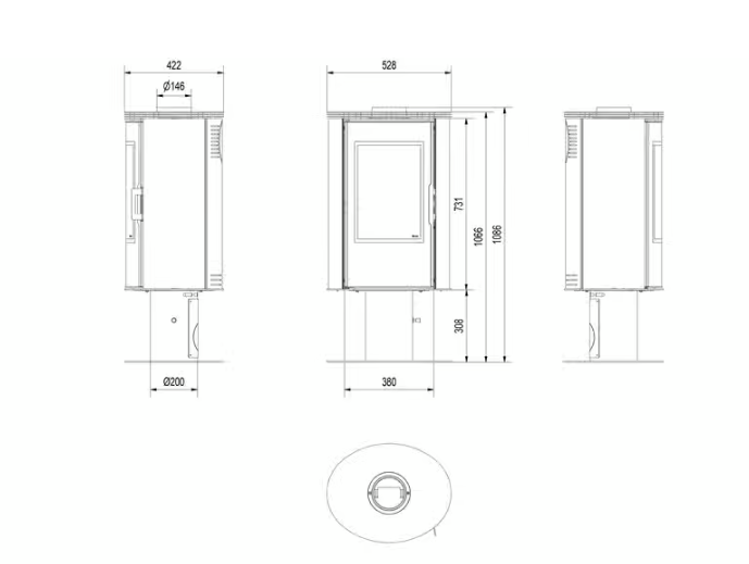 Kaminofen aus Stahl AB S/N/O/DR/GLASS drehbar Ø 150 8 kW mit Türfeder