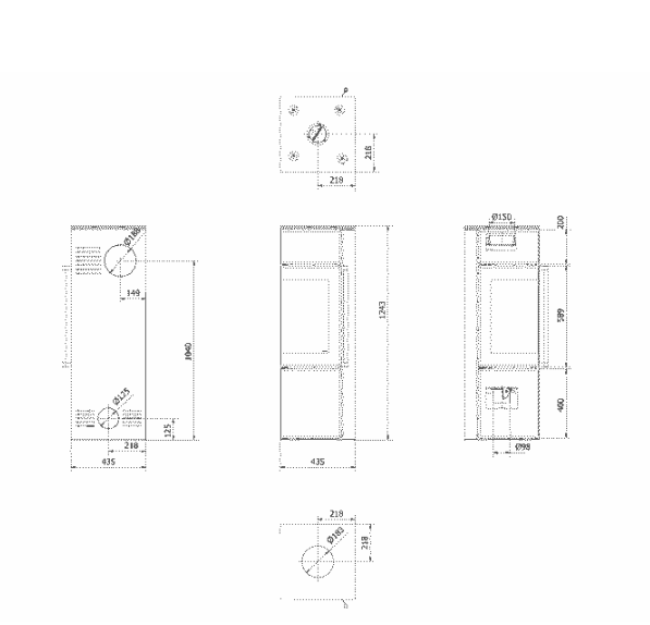 Kaminofen aus Stahl TORA/S 8 kW Ø 150 Quarzsinter Nero Assoluto schwarz Verkleidung mit Türfeder