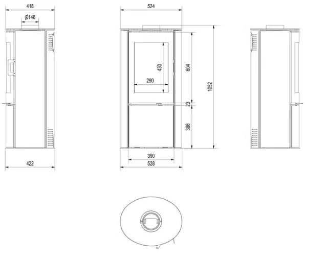 Piec stalowy kaflowy koza domykanie AB Ø 150 8 kW czarny termotec