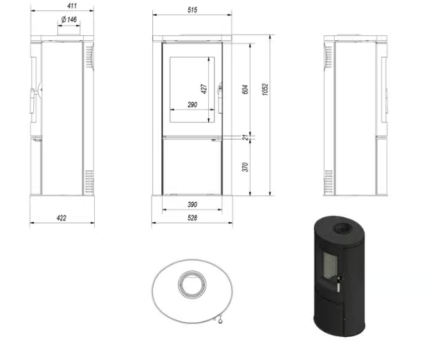 Stahl-Gusseisen Kaminofen AB Ø 150 8 kW mit Türfeder