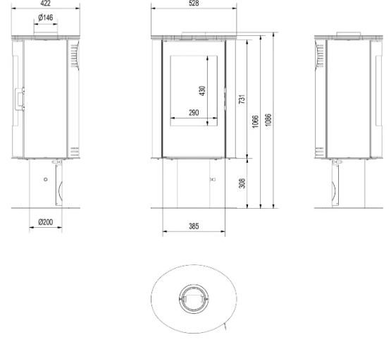 Kaminofen aus Stahl AB S/N/DR mit Standfuss 8 kW Ø 150 mit Zubehör